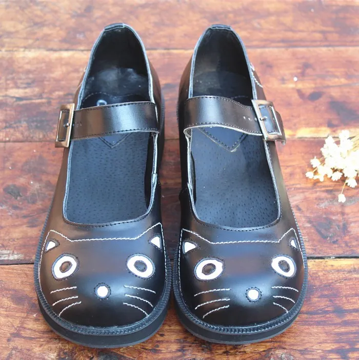 Black Mary Jane Cleated Sole Platforms Flats Cat Face Shoes