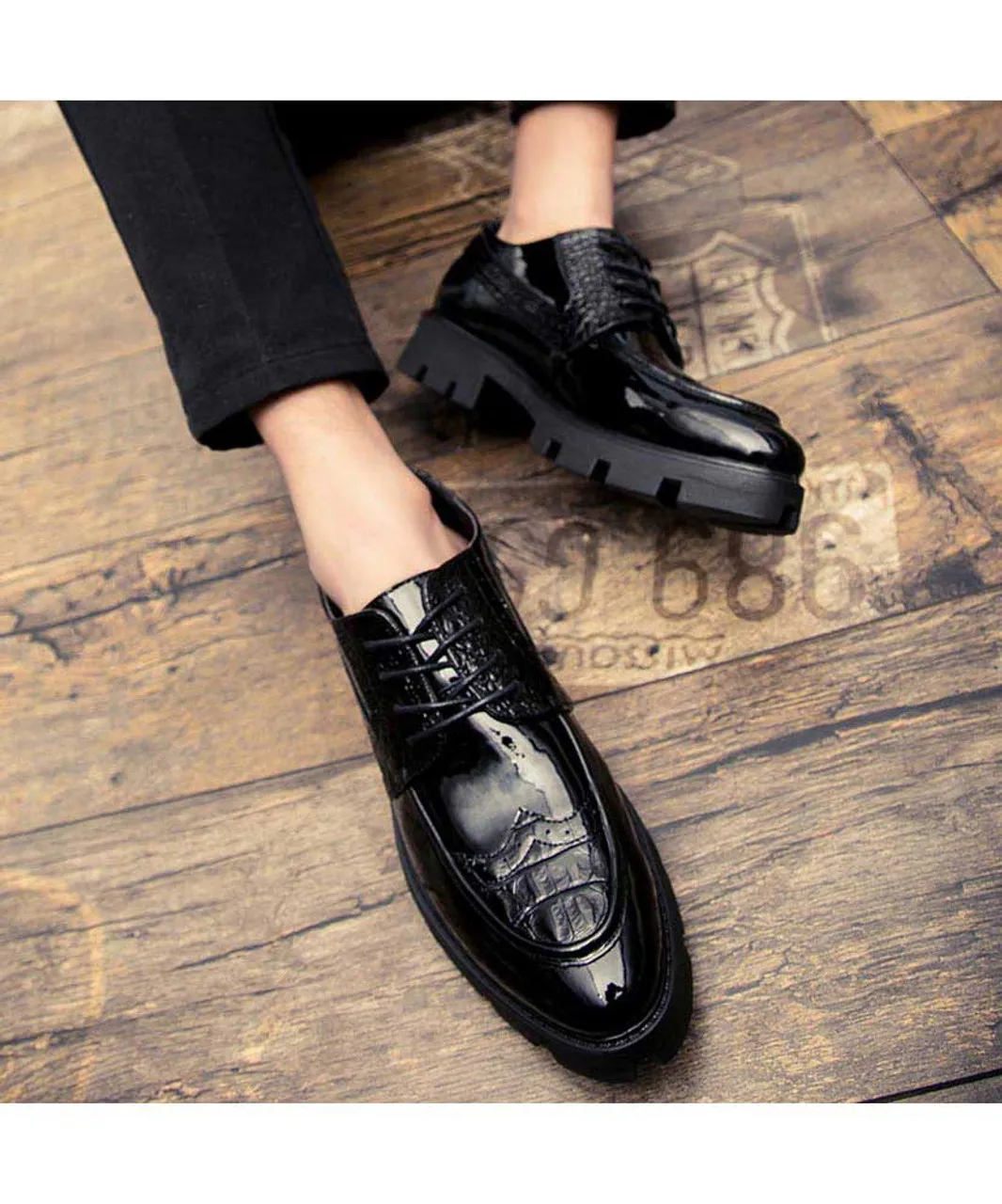 Black croco skin patent leather derby dress shoe