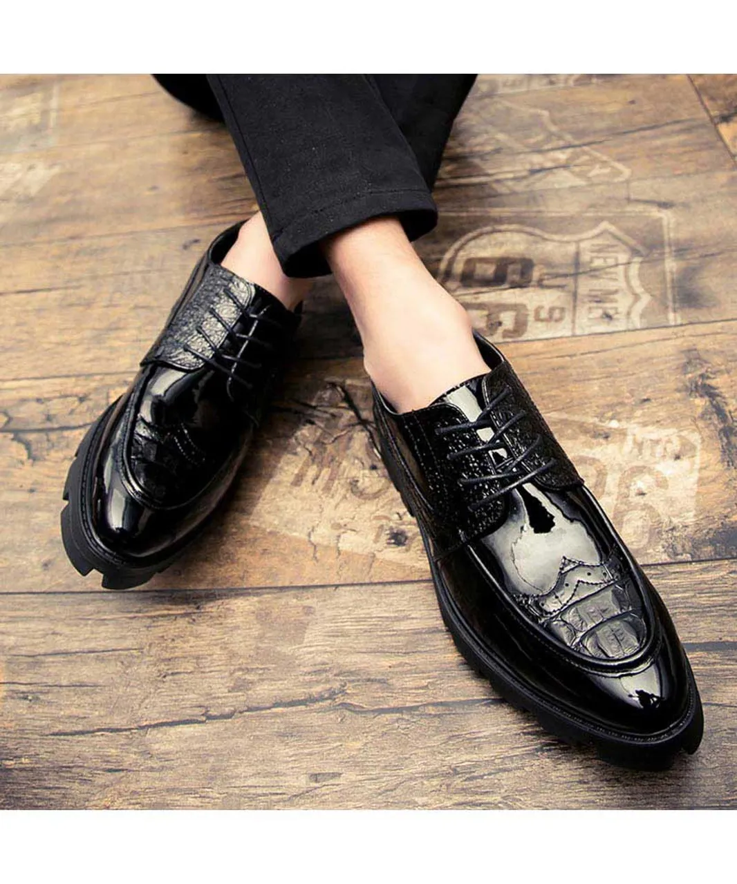 Black croco skin patent leather derby dress shoe