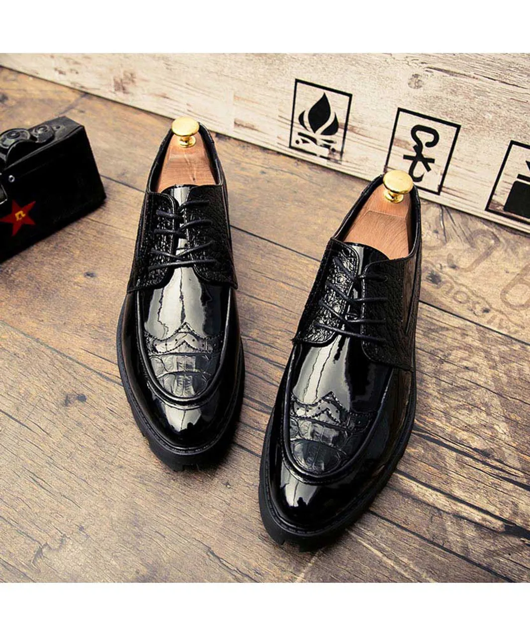 Black croco skin patent leather derby dress shoe