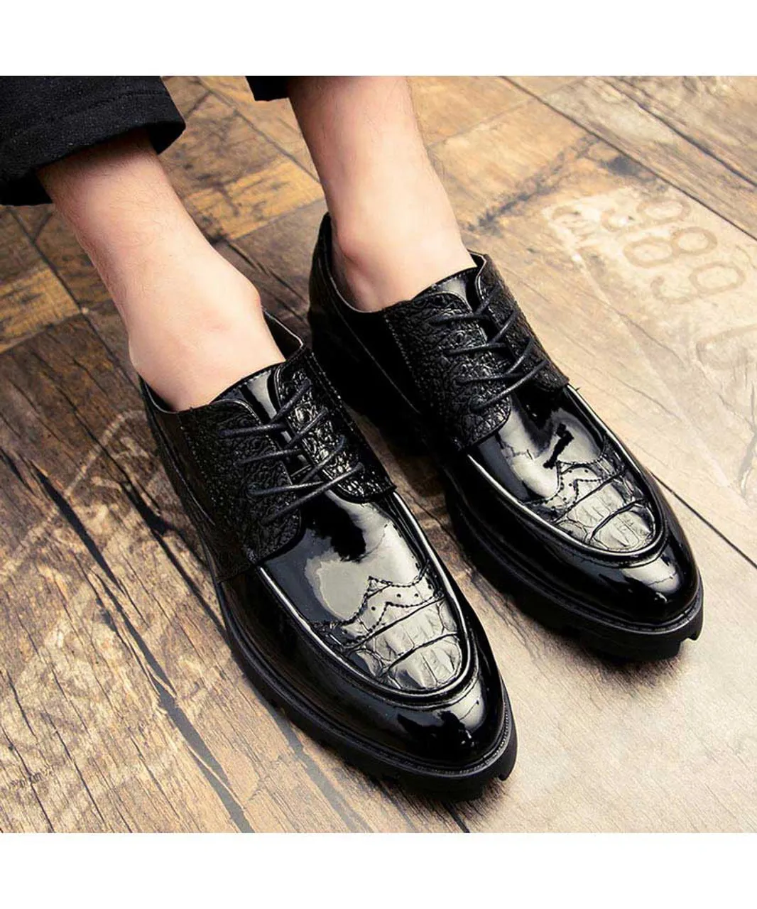 Black croco skin patent leather derby dress shoe