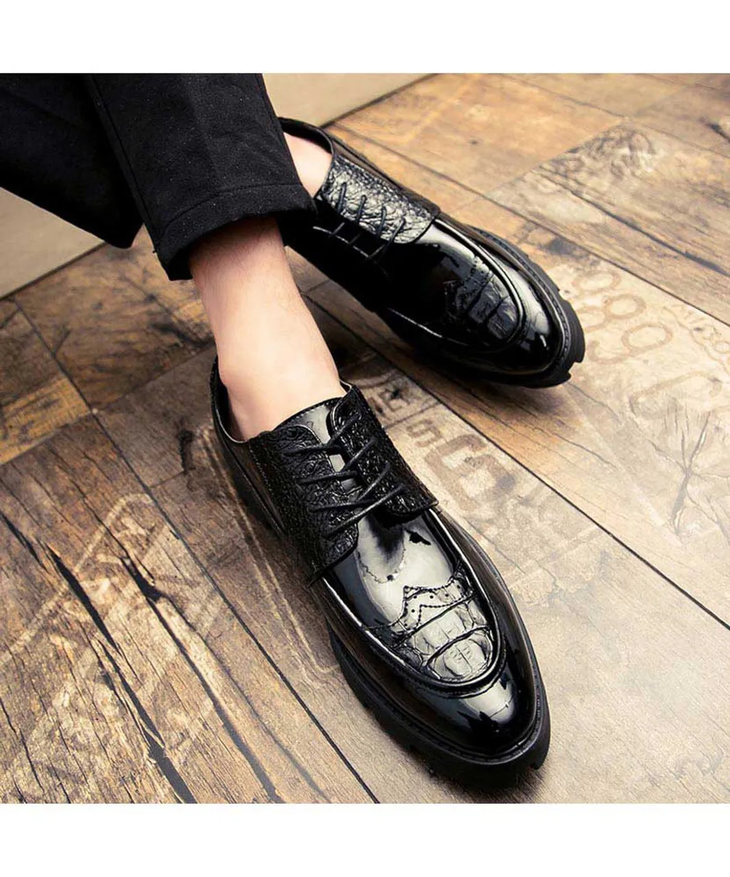 Black croco skin patent leather derby dress shoe