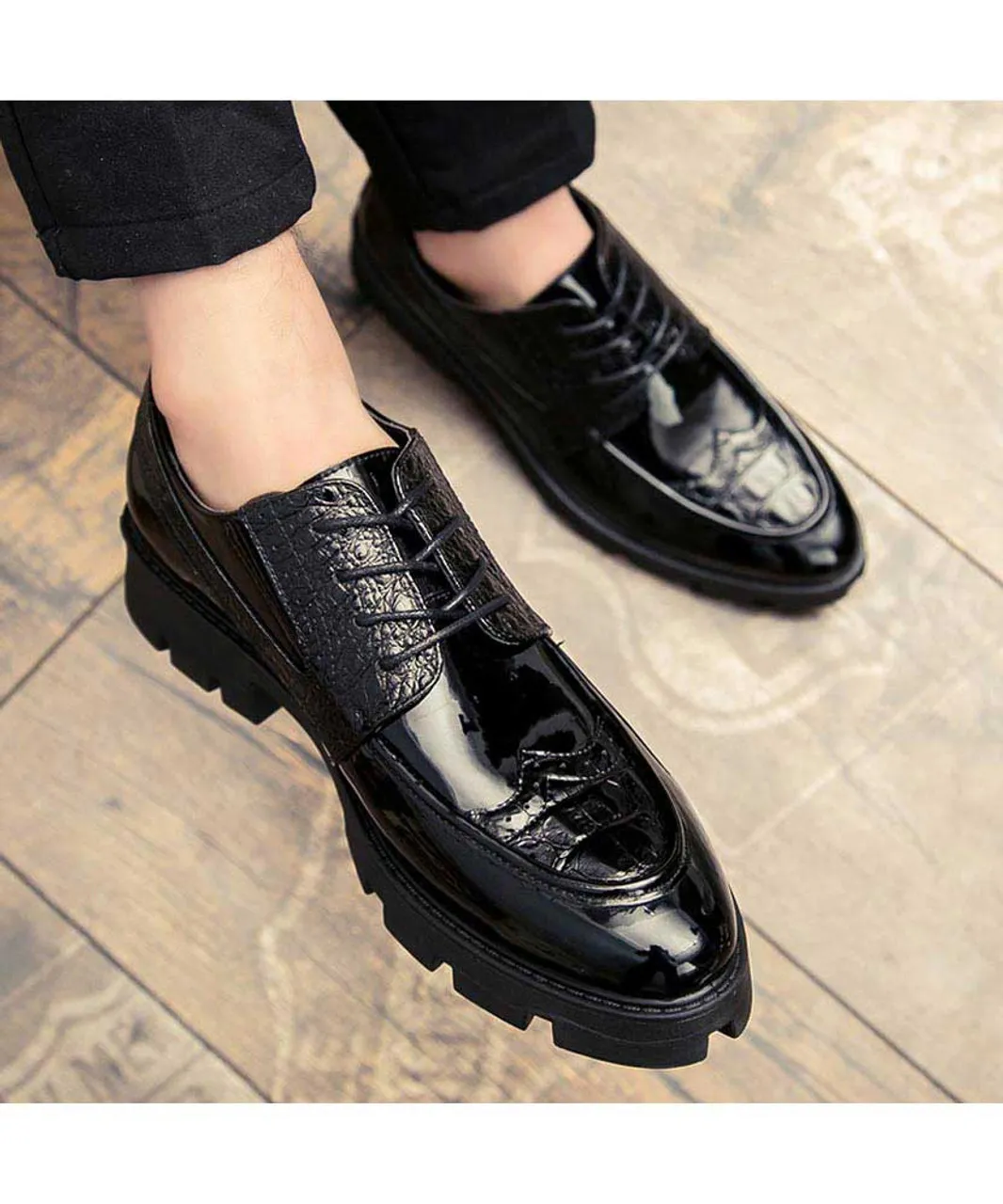 Black croco skin patent leather derby dress shoe