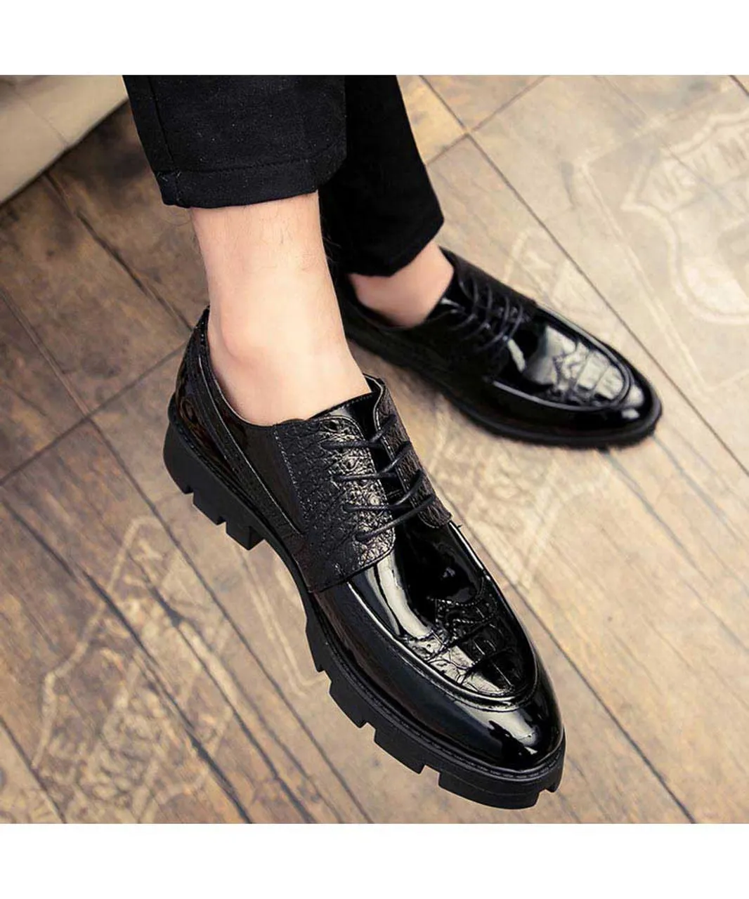 Black croco skin patent leather derby dress shoe