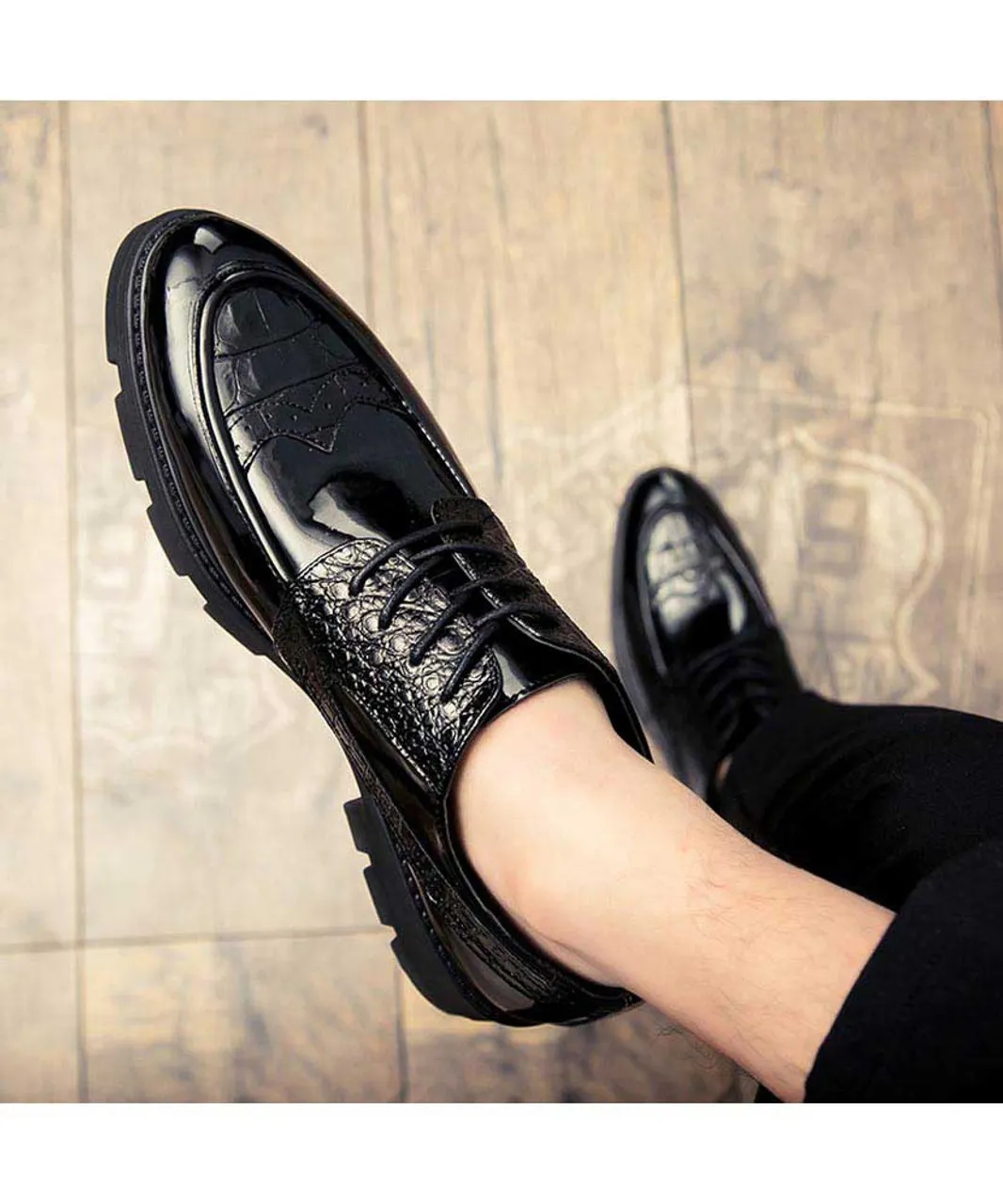 Black croco skin patent leather derby dress shoe