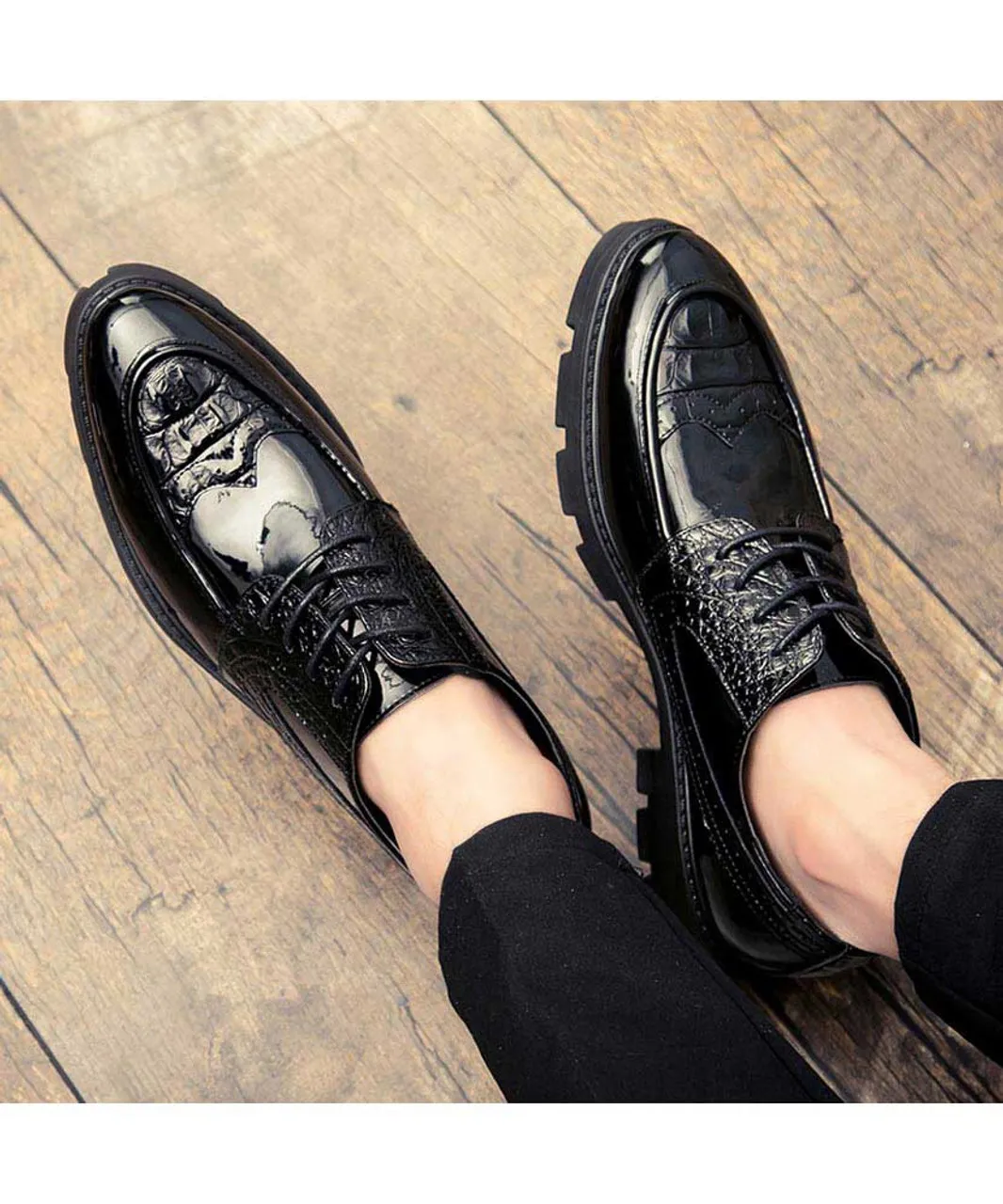 Black croco skin patent leather derby dress shoe