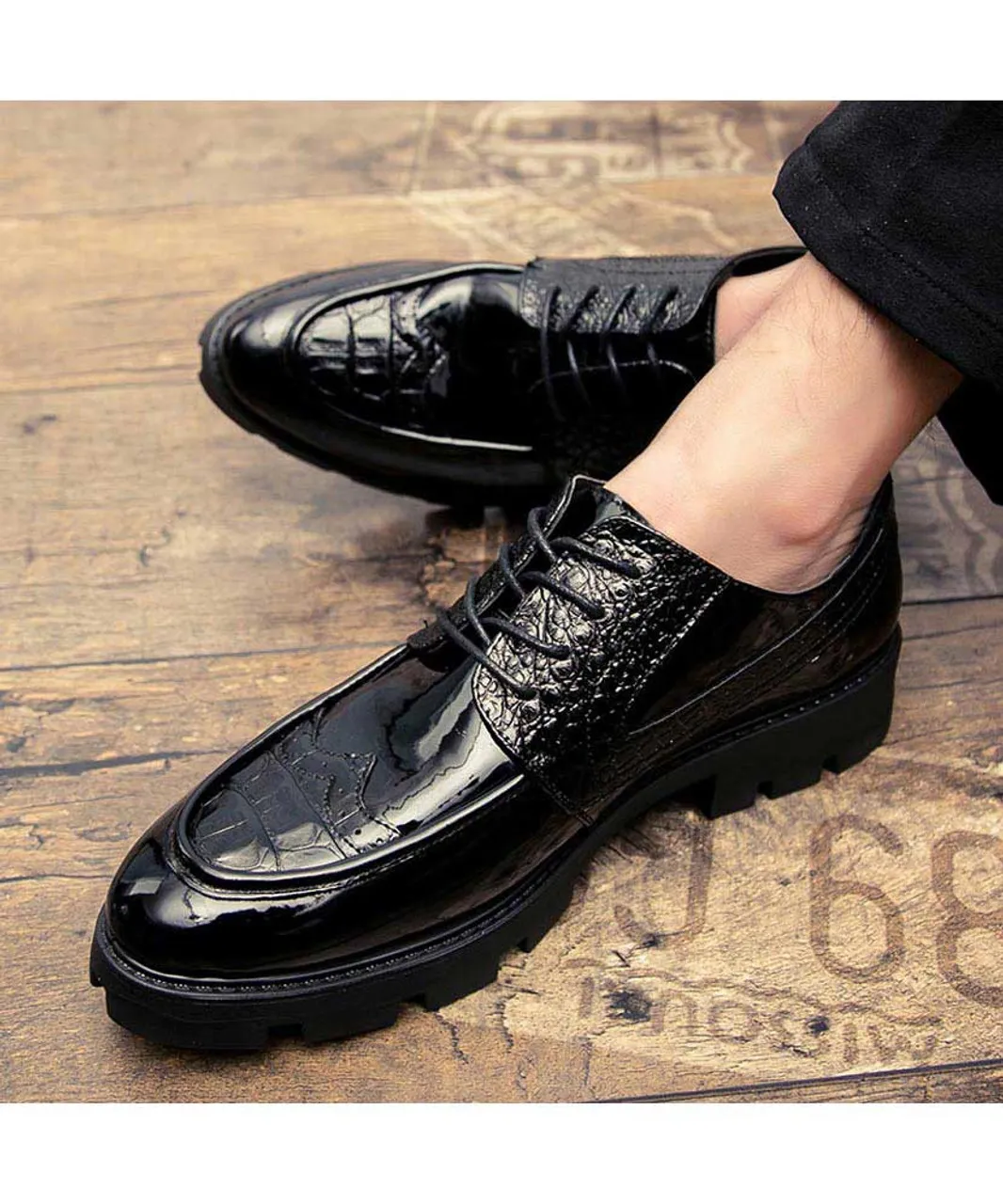 Black croco skin patent leather derby dress shoe