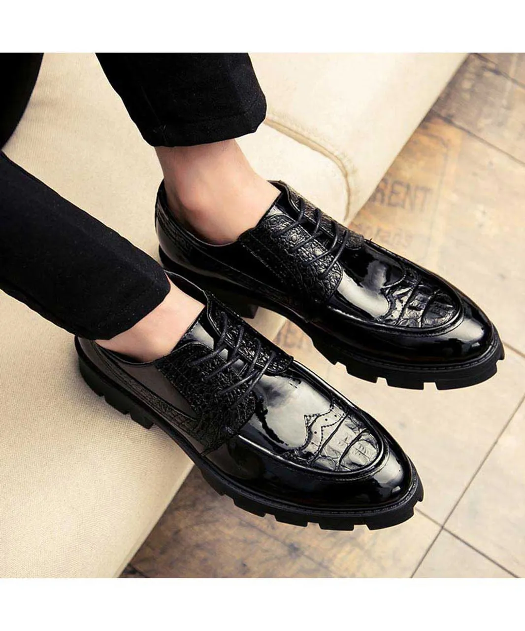 Black croco skin patent leather derby dress shoe