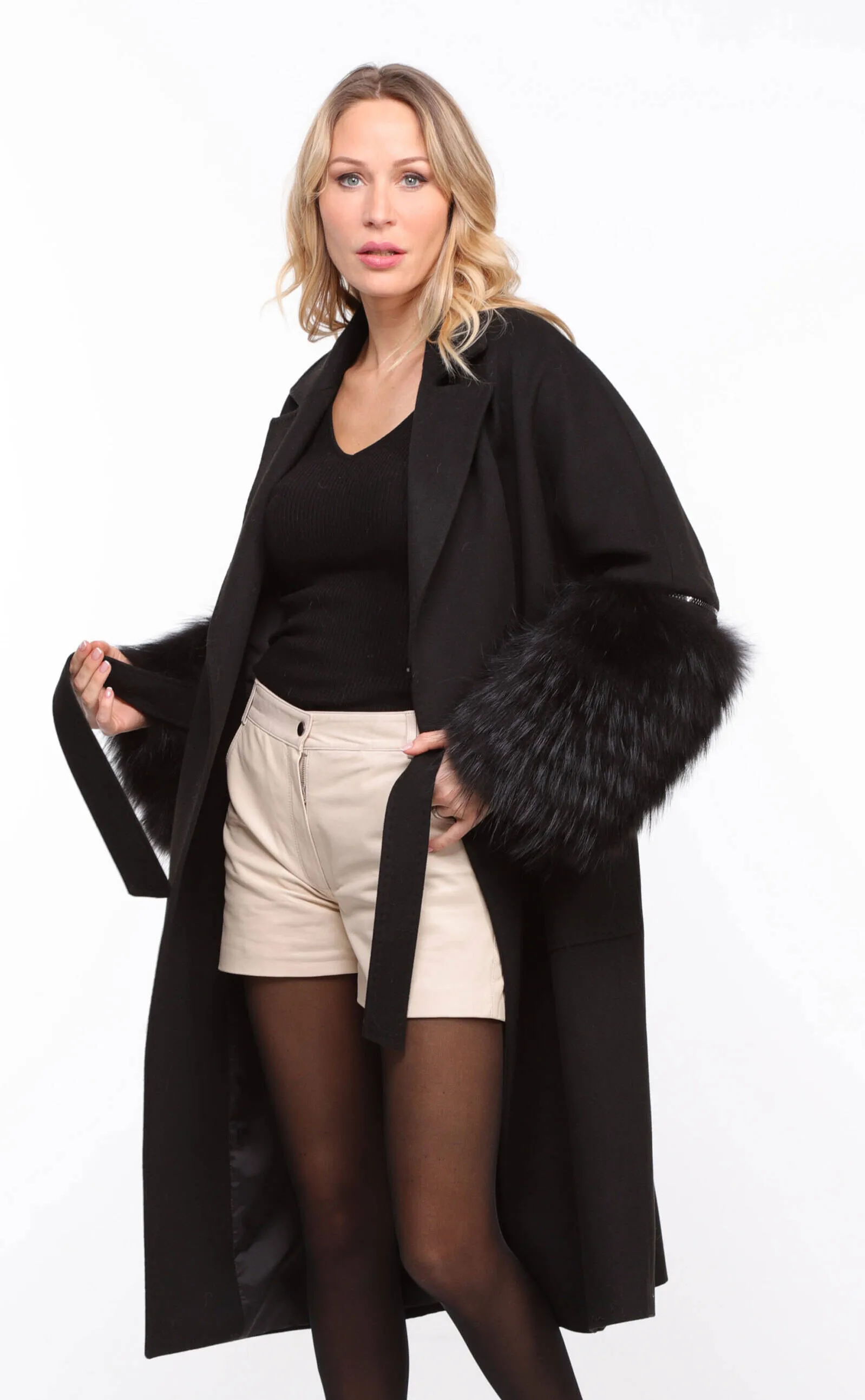 Black fabric fox coat for women Jana