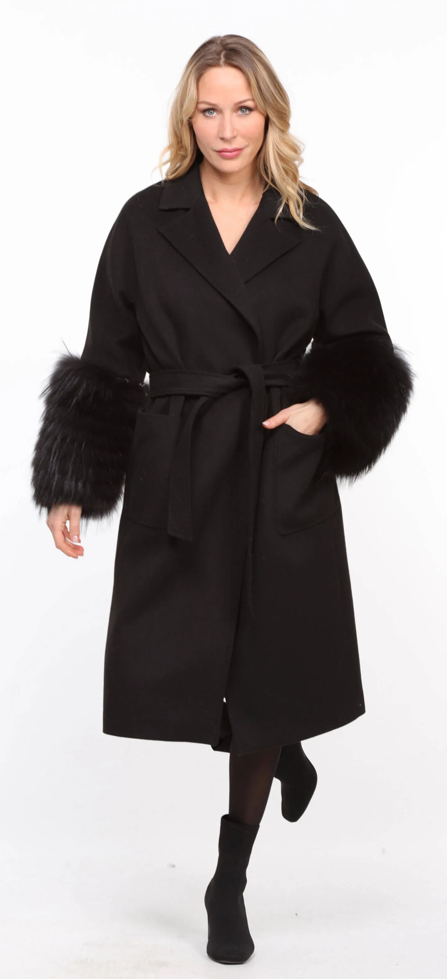 Black fabric fox coat for women Jana