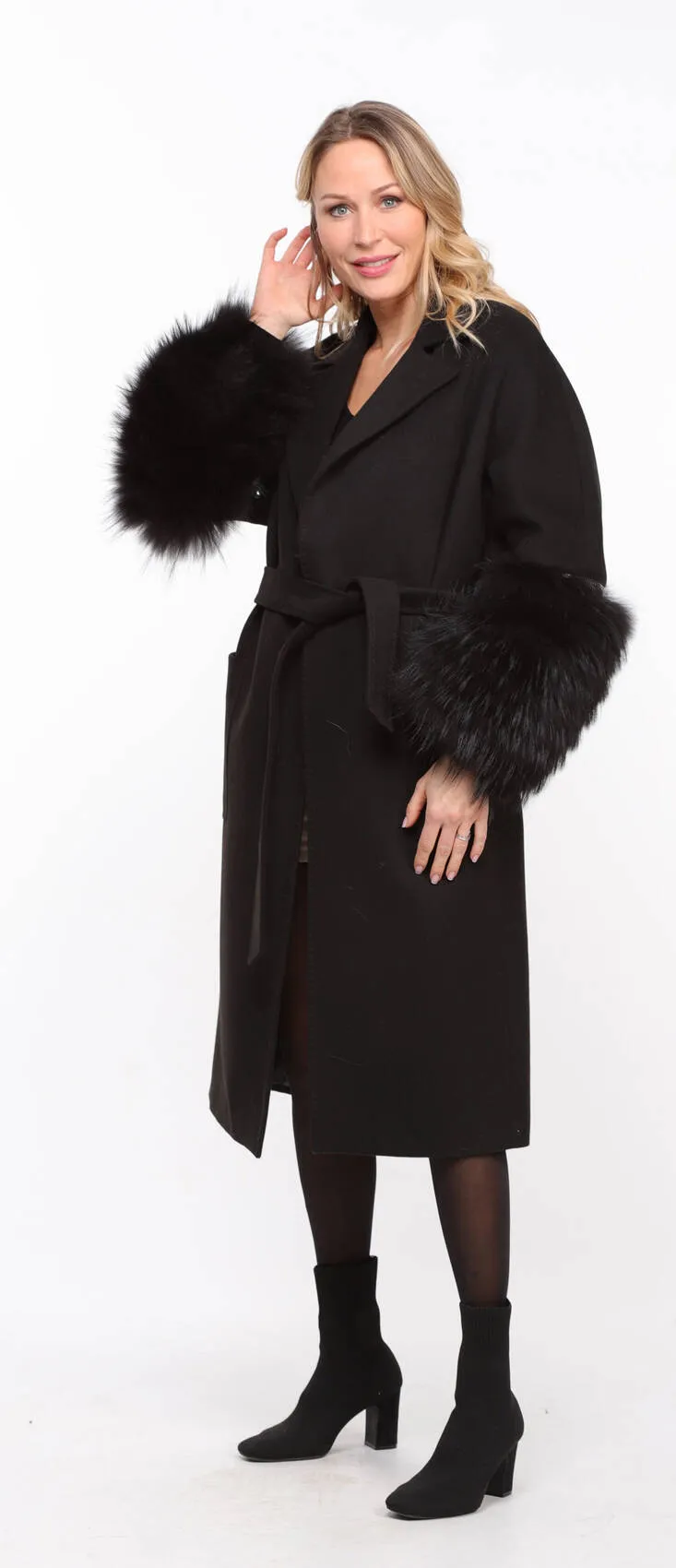 Black fabric fox coat for women Jana