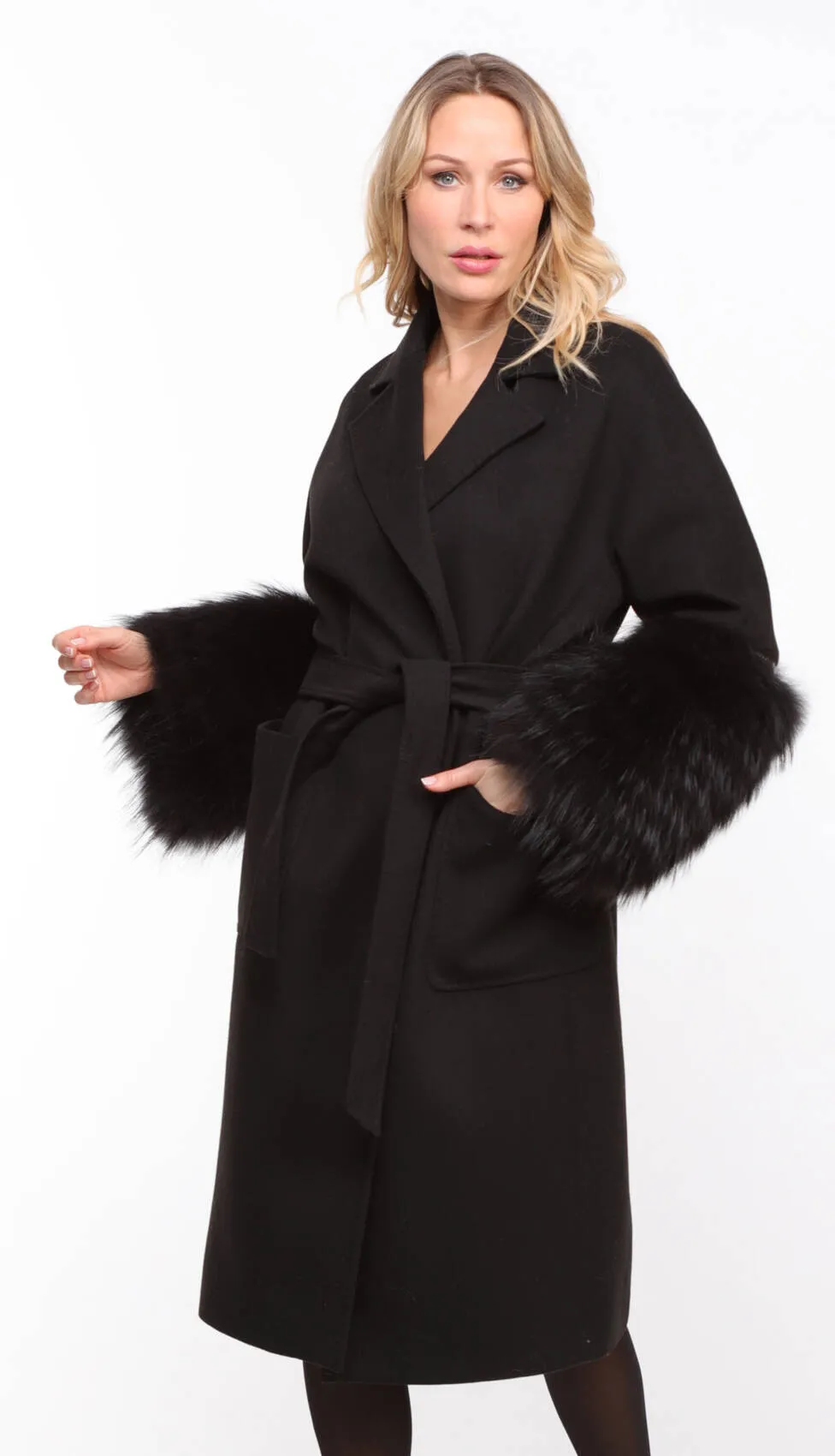 Black fabric fox coat for women Jana