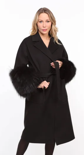 Black fabric fox coat for women Jana