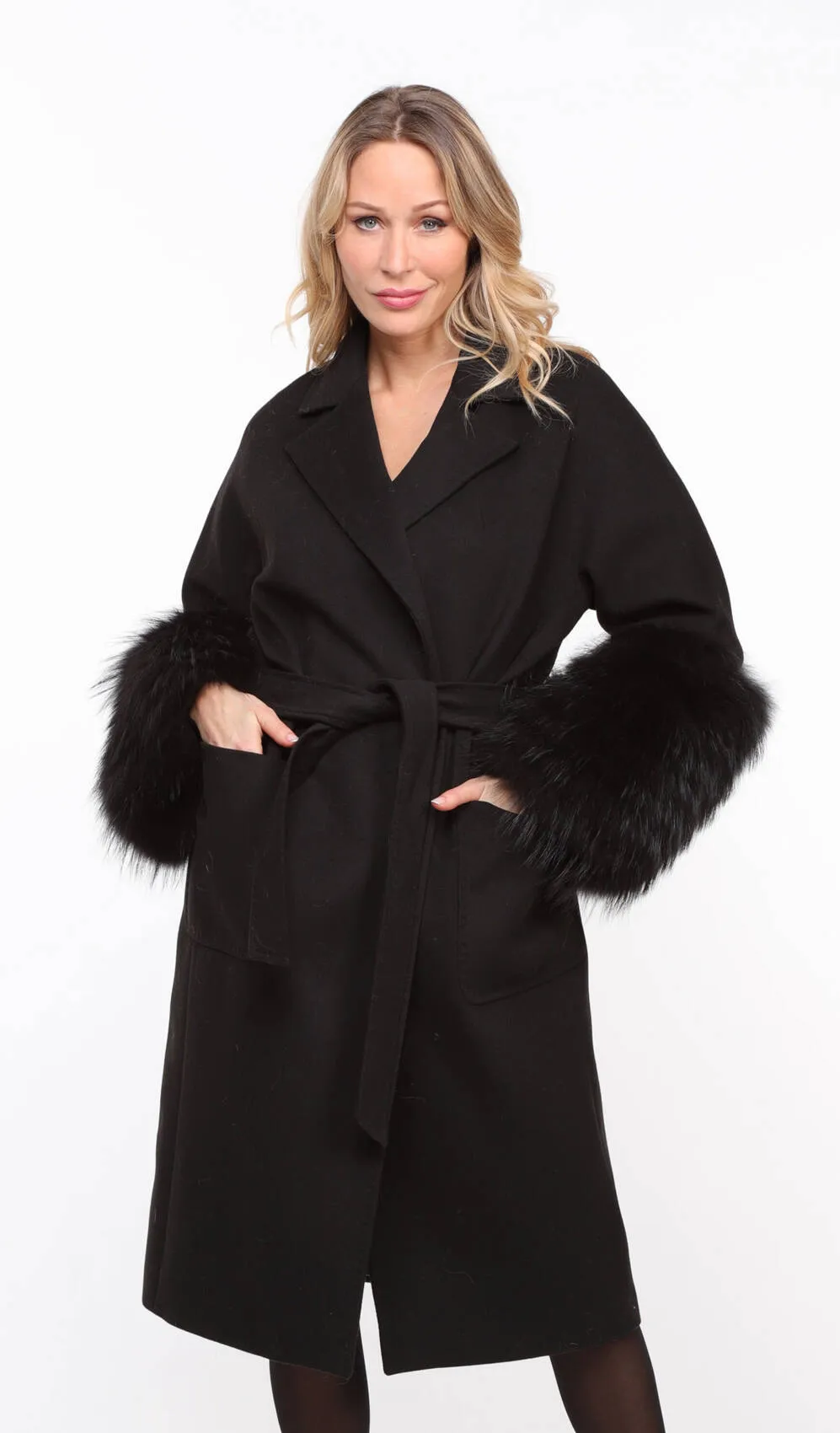 Black fabric fox coat for women Jana