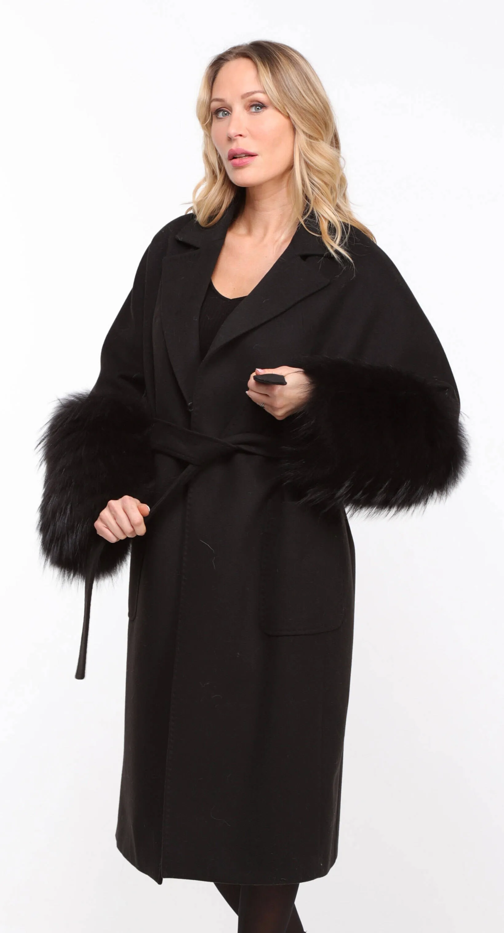 Black fabric fox coat for women Jana