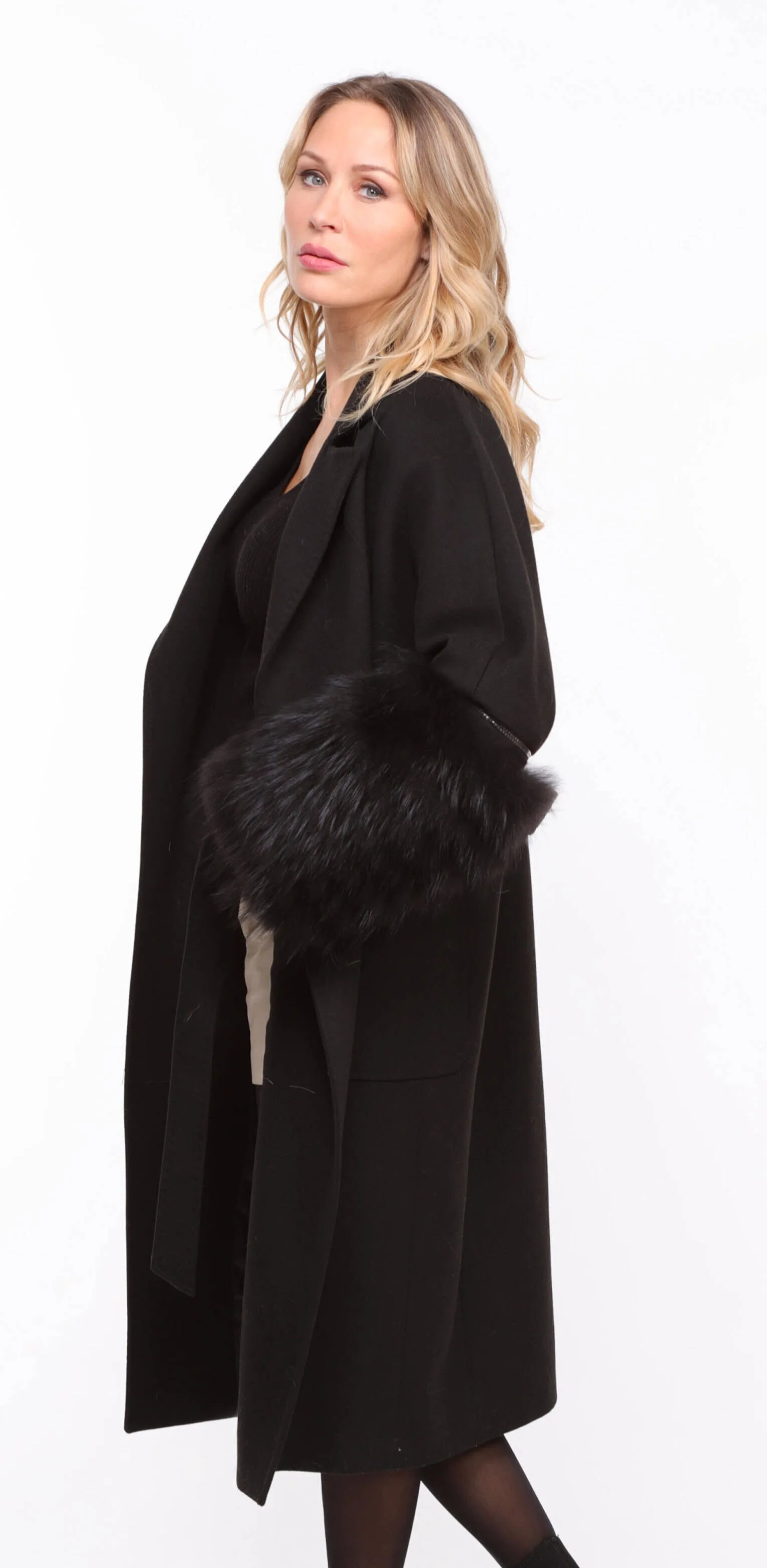 Black fabric fox coat for women Jana