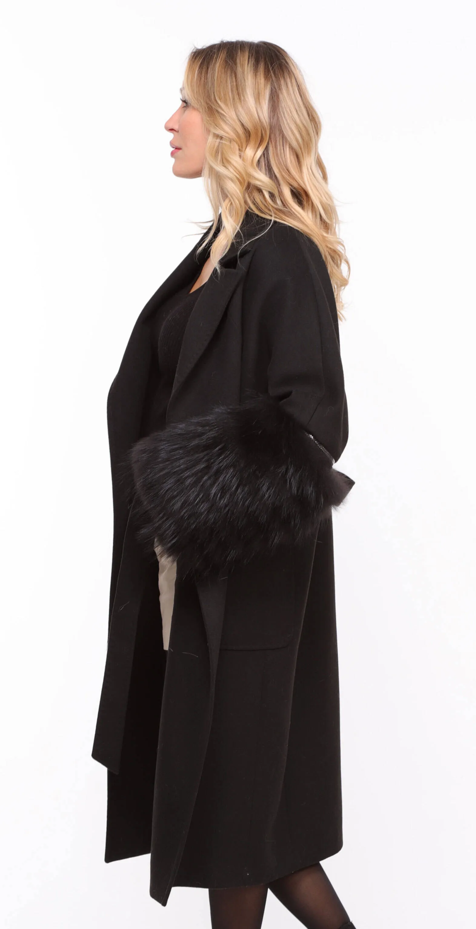 Black fabric fox coat for women Jana