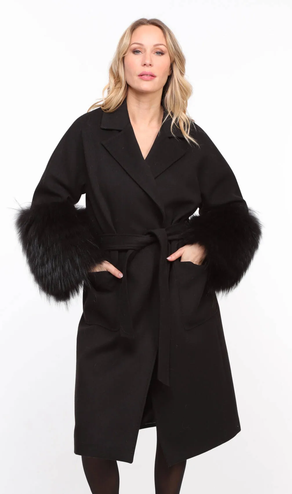 Black fabric fox coat for women Jana