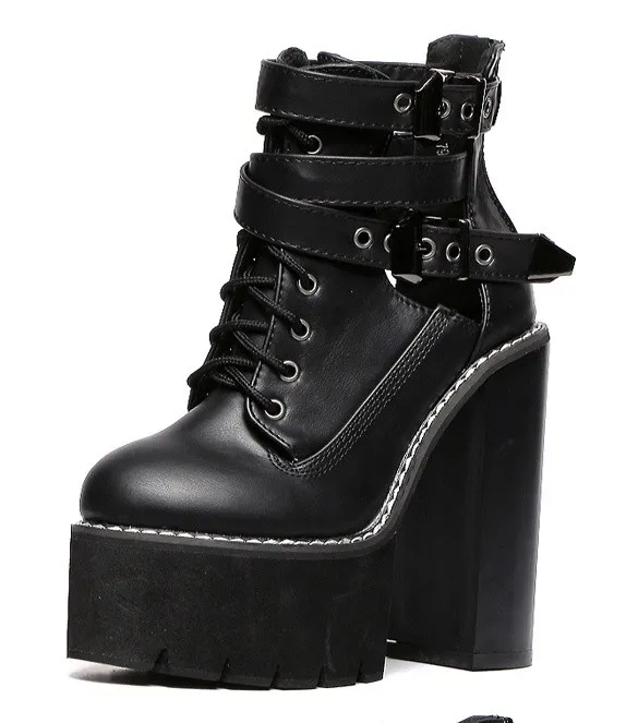 Black gothic punk rock chunky sole block high heels platform boots with straps