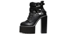 Black gothic punk rock chunky sole block high heels platform boots with straps