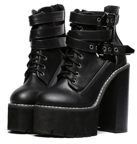 Black gothic punk rock chunky sole block high heels platform boots with straps