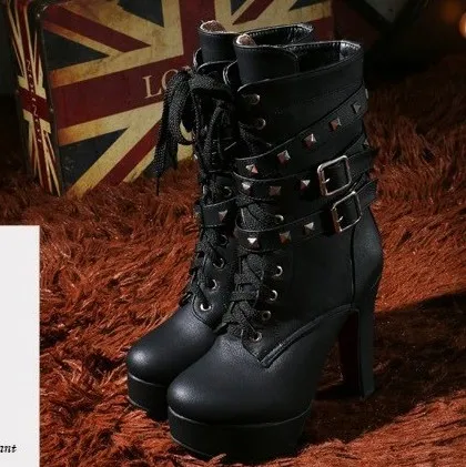 Lace Up Square Studs High Top Platforms Heels with Military Combat