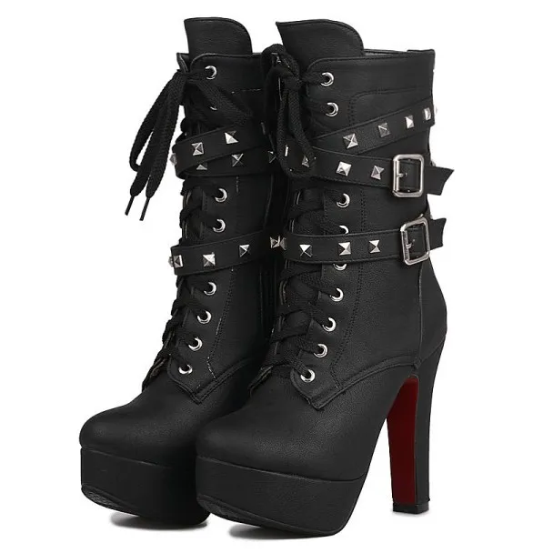 Lace Up Square Studs High Top Platforms Heels with Military Combat