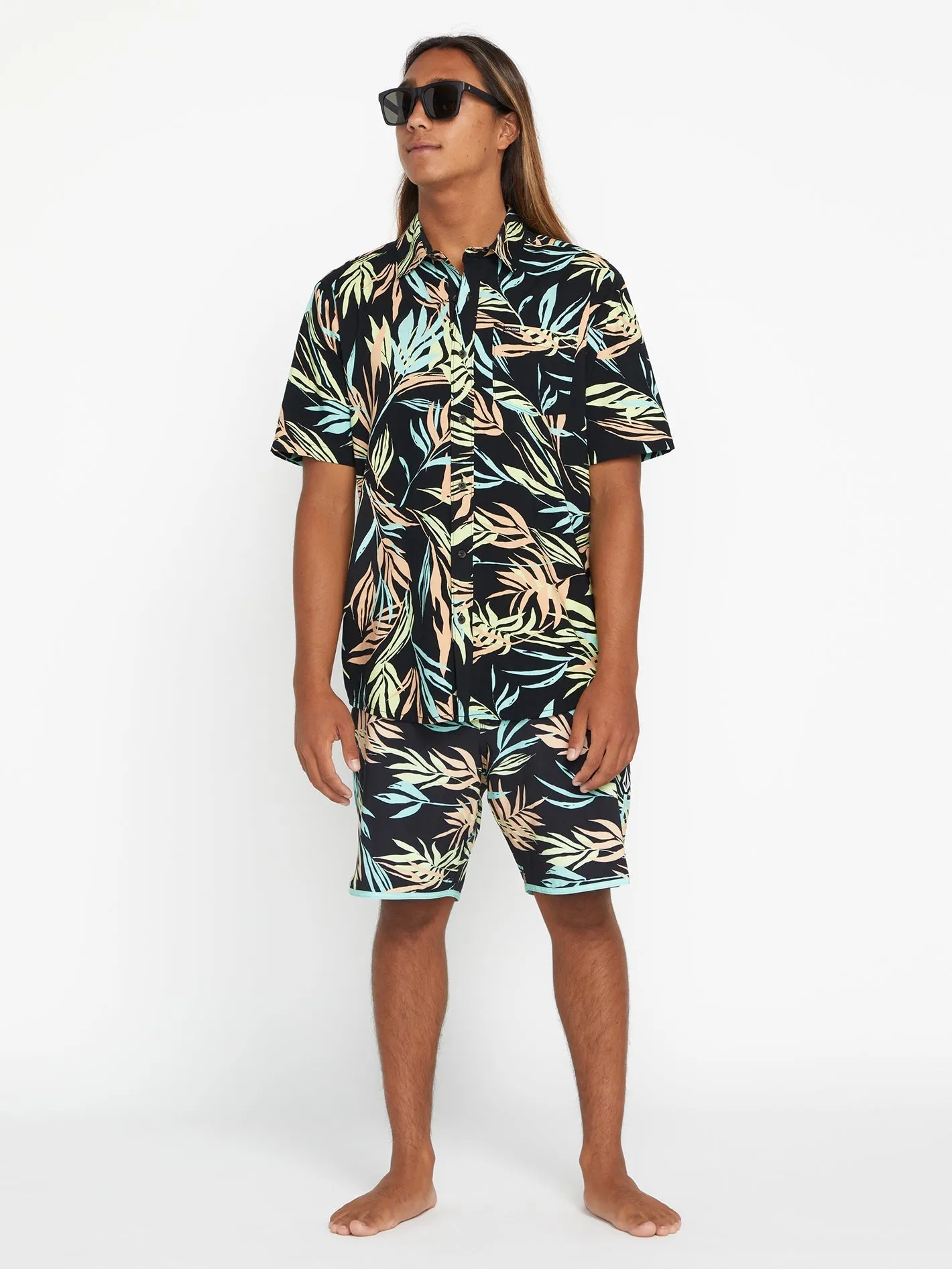 Black Leaf Print Shirt with Bleeding Sleeve