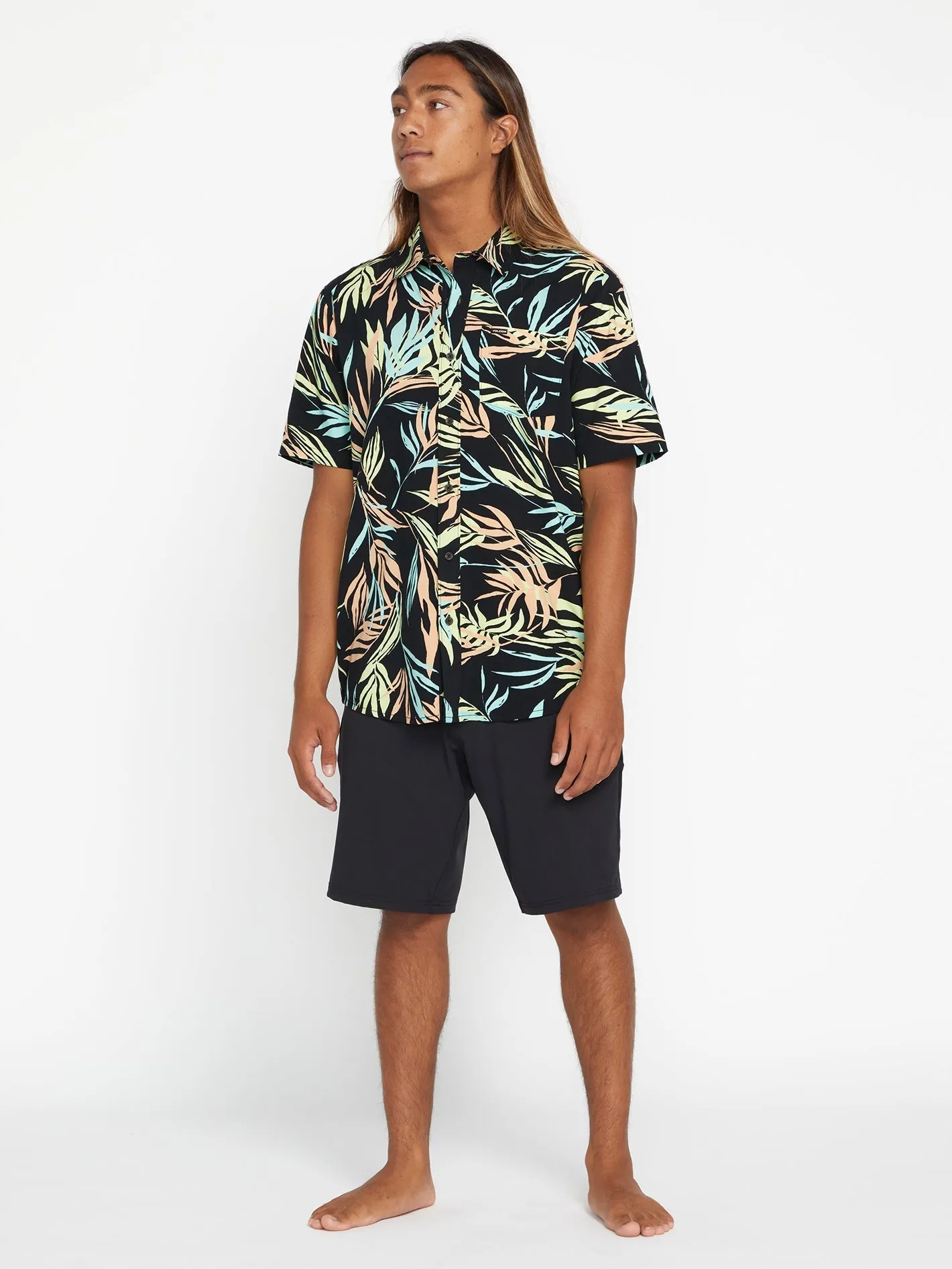 Black Leaf Print Shirt with Bleeding Sleeve