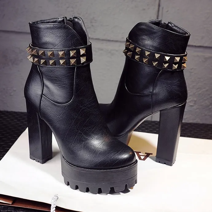 Black Leather Studs High Top Block Combats Military Boots