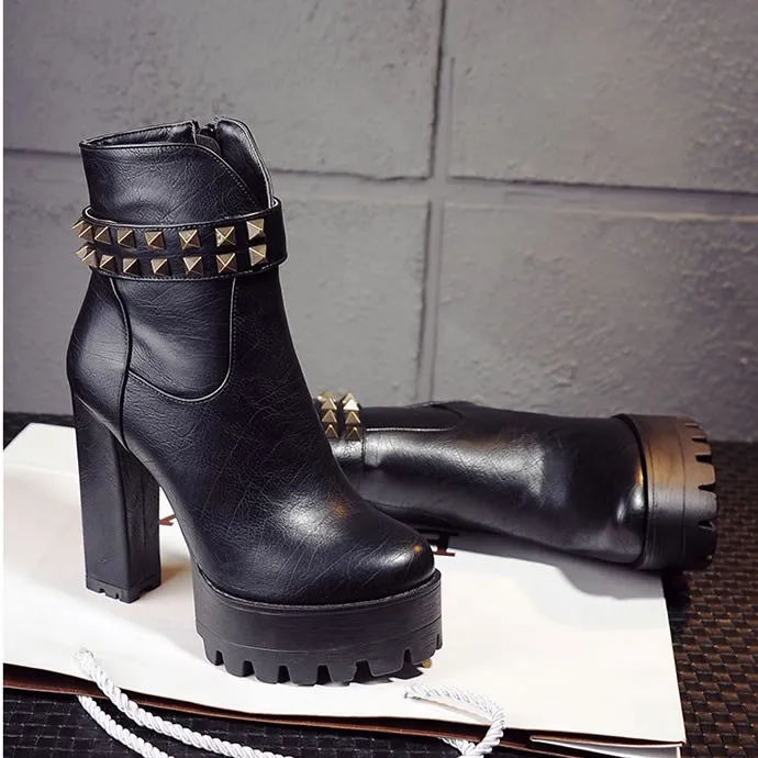 Black Leather Studs High Top Block Combats Military Boots