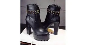 Black Leather Studs High Top Block Combats Military Boots