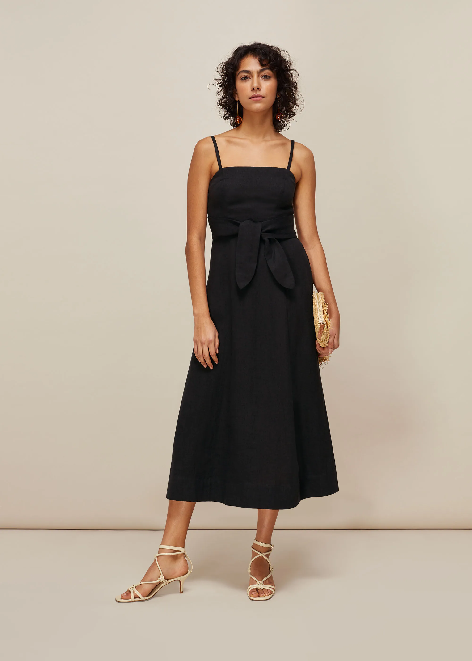 Black Linen Tie Front Strappy Dress