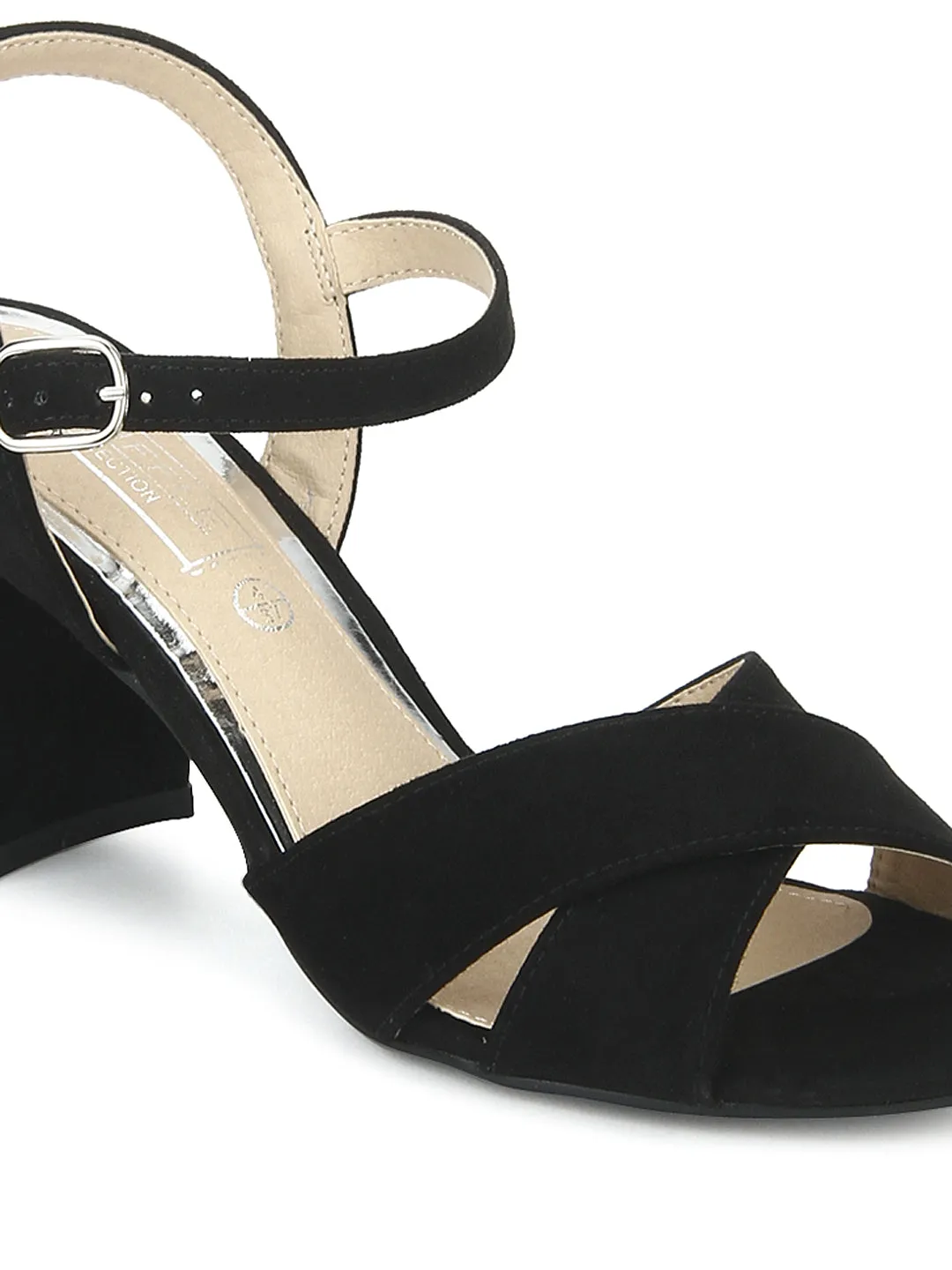 Black Micro Crossover Ankle Strap Block Heels