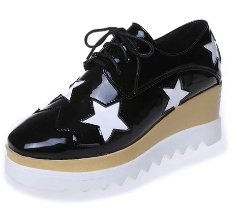 Black Patent Leather Stars Lace Up Platforms Wedges Oxfords Shoes