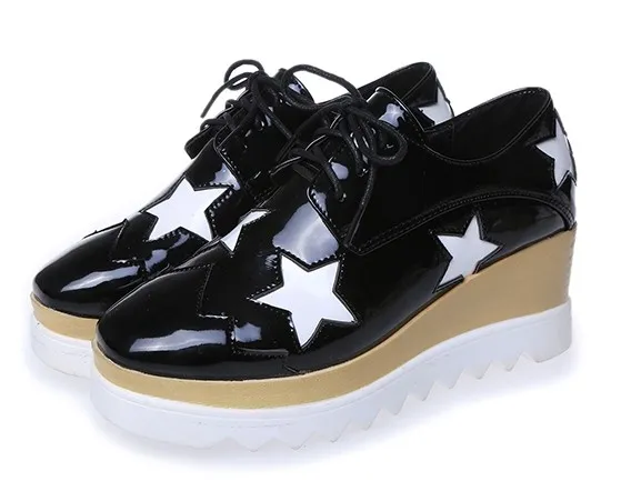 Black Patent Leather Stars Lace Up Platforms Wedges Oxfords Shoes