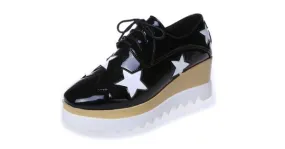 Black Patent Leather Stars Lace Up Platforms Wedges Oxfords Shoes