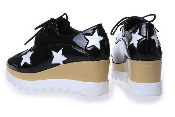 Black Patent Leather Stars Lace Up Platforms Wedges Oxfords Shoes