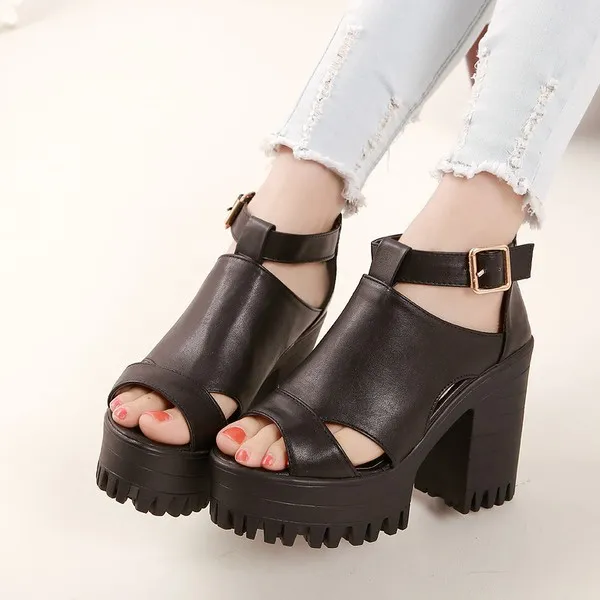 Black Peep Toe Metal Buckles Punk Rock Platforms High Heels Straps Sandals Shoes