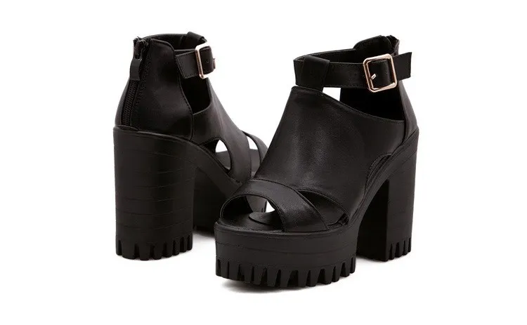 Black Peep Toe Metal Buckles Punk Rock Platforms High Heels Straps Sandals Shoes