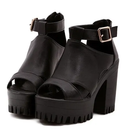 Black Peep Toe Metal Buckles Punk Rock Platforms High Heels Straps Sandals Shoes