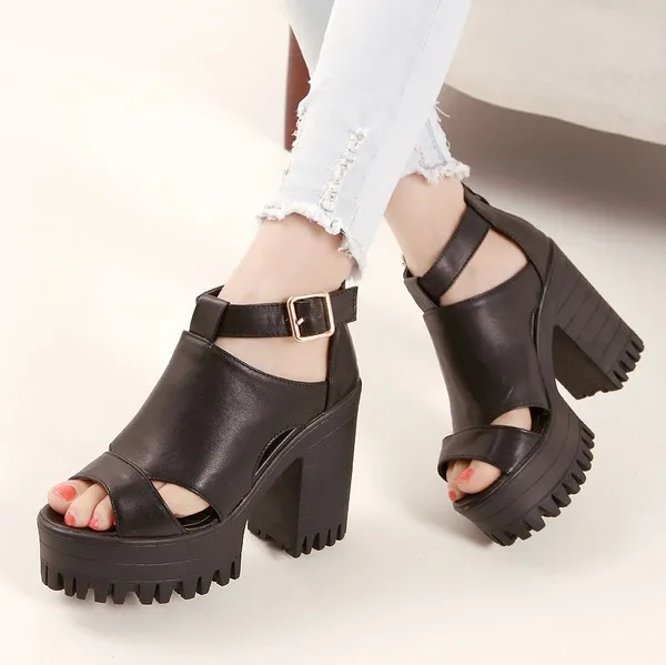 Black Peep Toe Metal Buckles Punk Rock Platforms High Heels Straps Sandals Shoes