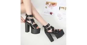 Black Peep Toe Straps Platform High Heels