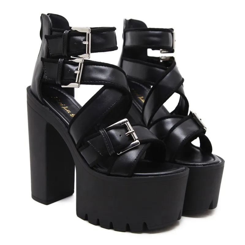 Black Peep Toe Straps Platform High Heels