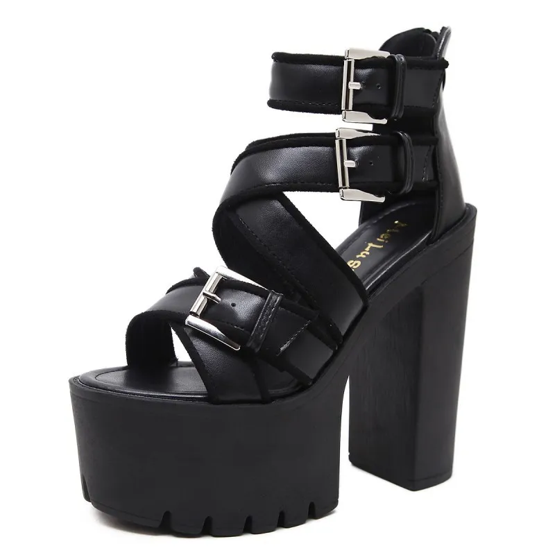 Black Peep Toe Straps Platform High Heels