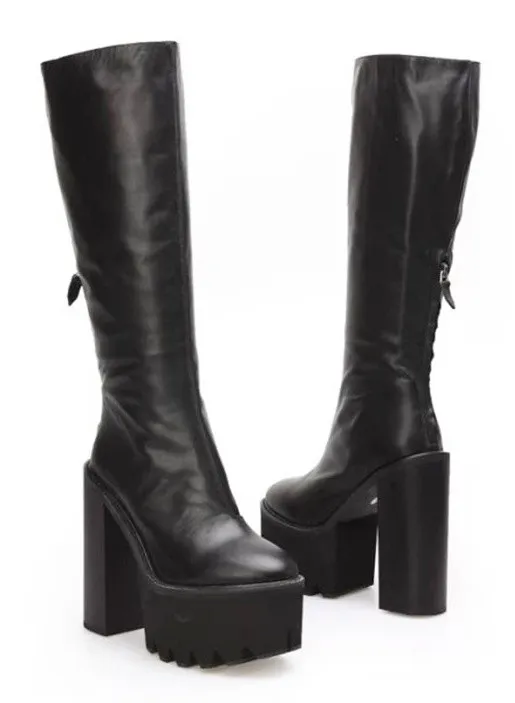 Cleated Combat Rider High Heels Long Boots with Black Platforms