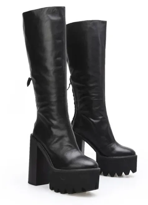 Cleated Combat Rider High Heels Long Boots with Black Platforms