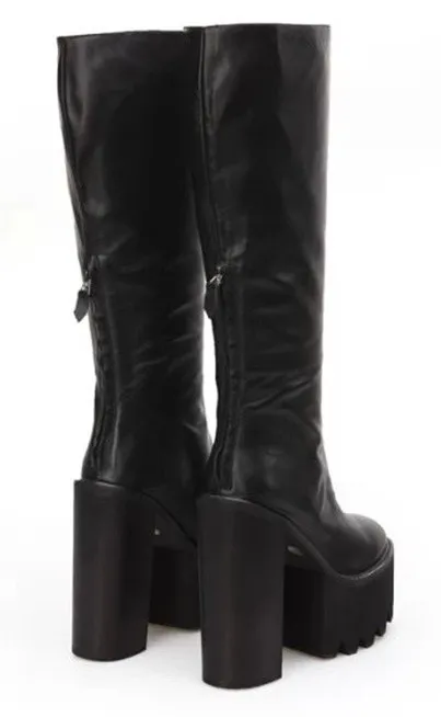 Cleated Combat Rider High Heels Long Boots with Black Platforms