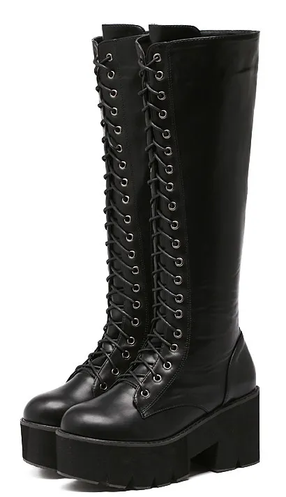 Chunky Lace Up Combat Rider Long Boots with Black Platforms