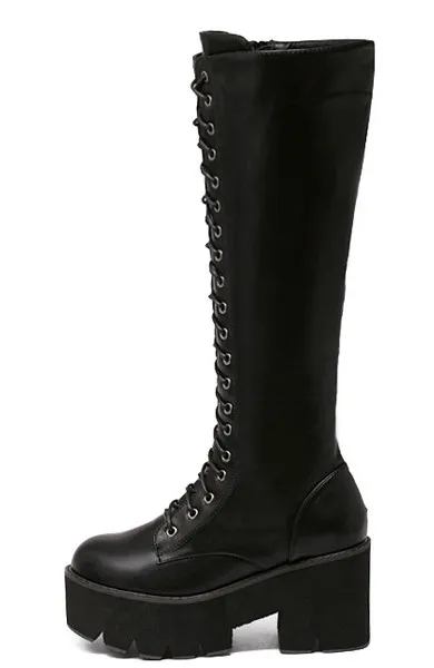 Chunky Lace Up Combat Rider Long Boots with Black Platforms